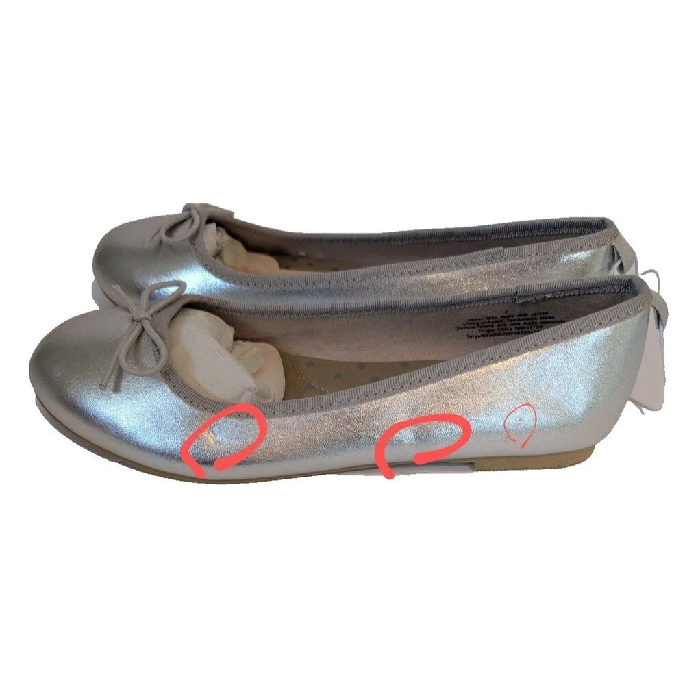 Cat & Jack Girl’s Size 2 Ballet Flats Silver Diana Shoes Slip-On Slippers NWOT